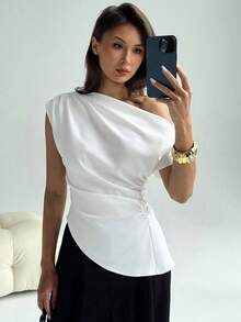 Aloruh Áo kiểu dáng tối giản mới, đa năng, màu xám, thiết kế bất đối xứng, vai nhún bèo, tay ngắn ôm sát. - trắng - Xem 7