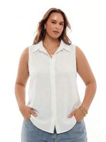 SHEIN EZwear Camisa De Talla Grande Sin Mangas unicolor, Perfecta Para Verano - Blanco - Ver 1