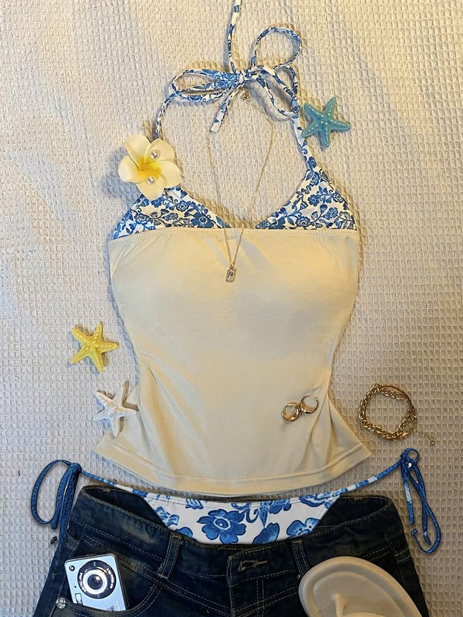 Glimmora Y2K 夏季度假风露背吊带印花上衣，二合一露背上衣，简约度假风，清新花卉印花，适合派对、约会、海滩、嘉年华等各种场合，是夏季的完美之选。沙滩上衣，二合一沙滩装，女士沙滩上衣，印花沙滩装，百搭沙滩上衣。 - 彩色 - 查看 1