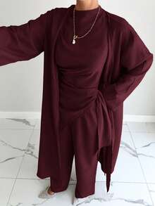 Siren Gaze 3 Pieces Set: Elegant Solid Color Blazer, Vest, And Pants For Commuting - Burgundy - View 5