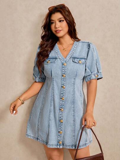 Elaquor Đầm denim thời trang cổ chữ V cài một hàng khuy dành cho nữ cỡ lớn, thích hợp cho hẹn hò và dự tiệc.