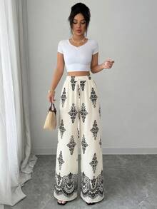 GlowEve Women's Fashionable Elegant Printed Elastic Waist Drawstring Black & White Floral Pattern Loose Fit Casual, Vacation, Commute Long Pants, Spring/Summer - Multicolor - View 3