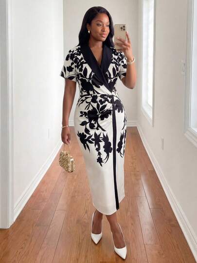 SHEIN Lady Plus Size Women Floral Pattern Shawl Collar Short Sleeve Elegant Dress