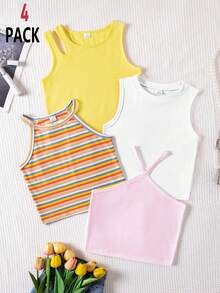 SHEIN 4pcs Young Girl Casual Versatile Daily Wear Tops - Multicolor - View 1