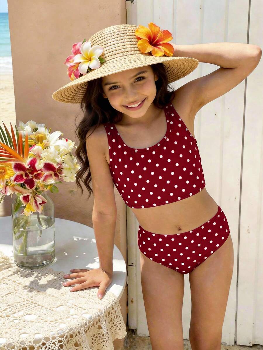 少女休闲简约吊带背心和三角比基尼泳衣套装，适合夏季穿着 - 彩色 - 查看 1