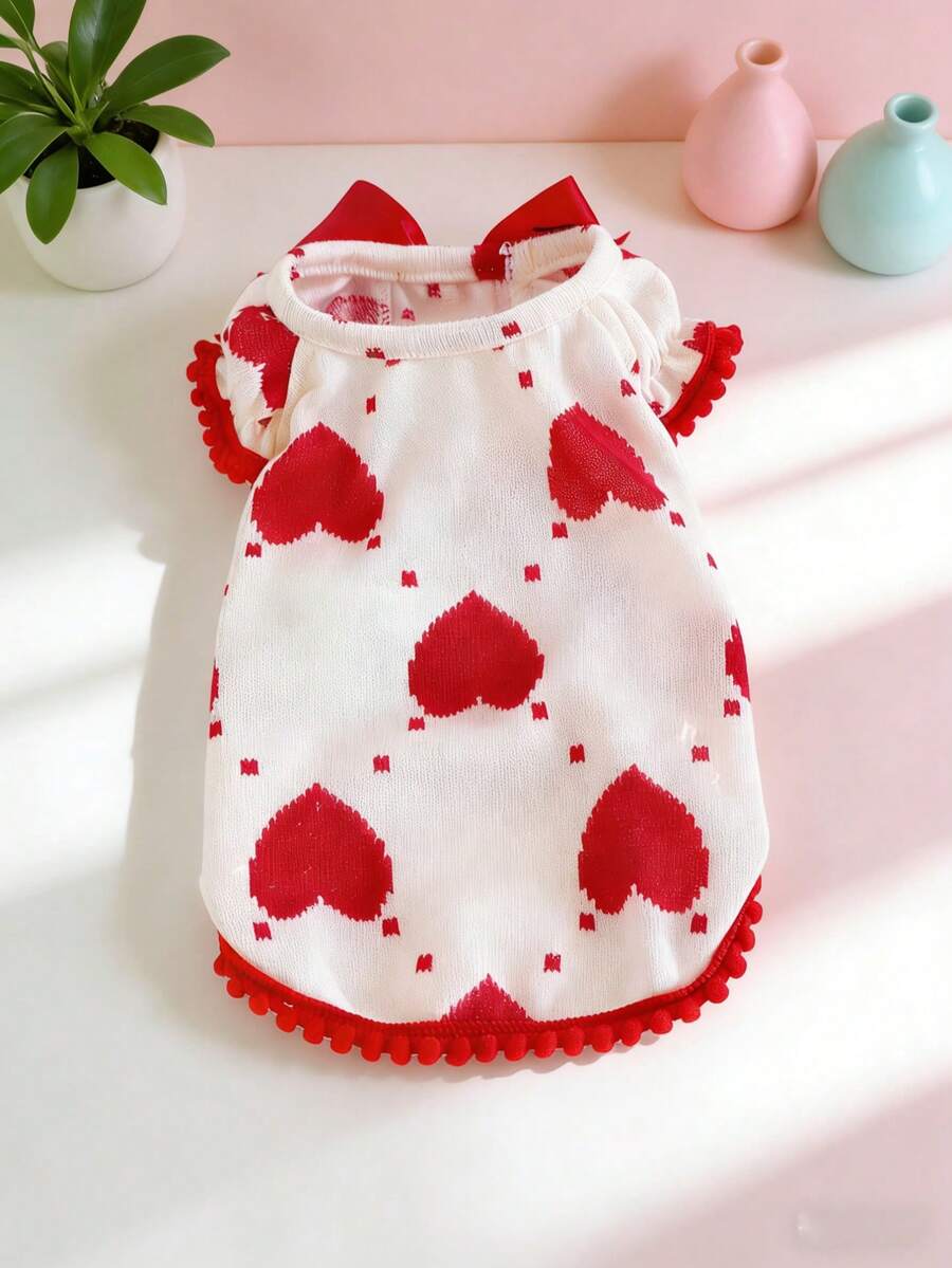 PETSIN 1pc Cute Love Printed Pet Tank Top With Large Red Bow Decoration For Puppy Clothes, Soft And Breathable Cat And Dog Knitted T-Shirt - Red - View 1