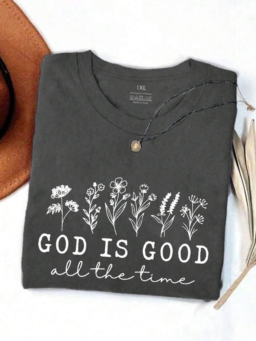 EMERY ROSE Kaos Wanita Lengan Pendek Leher Bulat Motif Bunga Liar Ukuran Plus, Tuhan Selalu Baik - Dark Grey - View 1