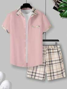 Manfinity Homme Men's Plaid Patchwork Short Sleeve Shirt And Shorts Casual Suit - Multicolor - View 3