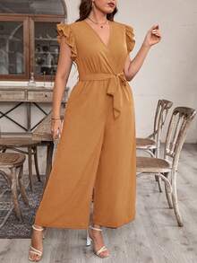 EMERY ROSE Plus Size Women Solid Color Cap Sleeve Jumpsuit - Coral Pink - View 3