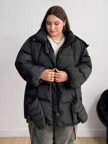 Enliva Plus Size Women Loose Coat With Gloves And Hood Autumn Winter - Black - View 4