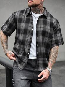 SLATEMANN Camisa casual de manga corta con un solo abotonado y estampado de cuadros para hombres - Multicolor - Ver 3
