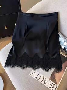 Franclia Women's New Arrival Satin High-Waist Skirt, Summer Slim Fit Silky Pleated Contrast Lace Mini Skirt - Black - View 2