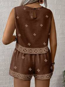 SHEIN LUNE CURVE Large-Sized Woven Printed Casual Summer Women's Two Pieces Set Brown 2 Piece Set Casual Two Piece Set Women Summer 2 Pieces Sets Comfortable Two Piece Set - Brown - View 2
