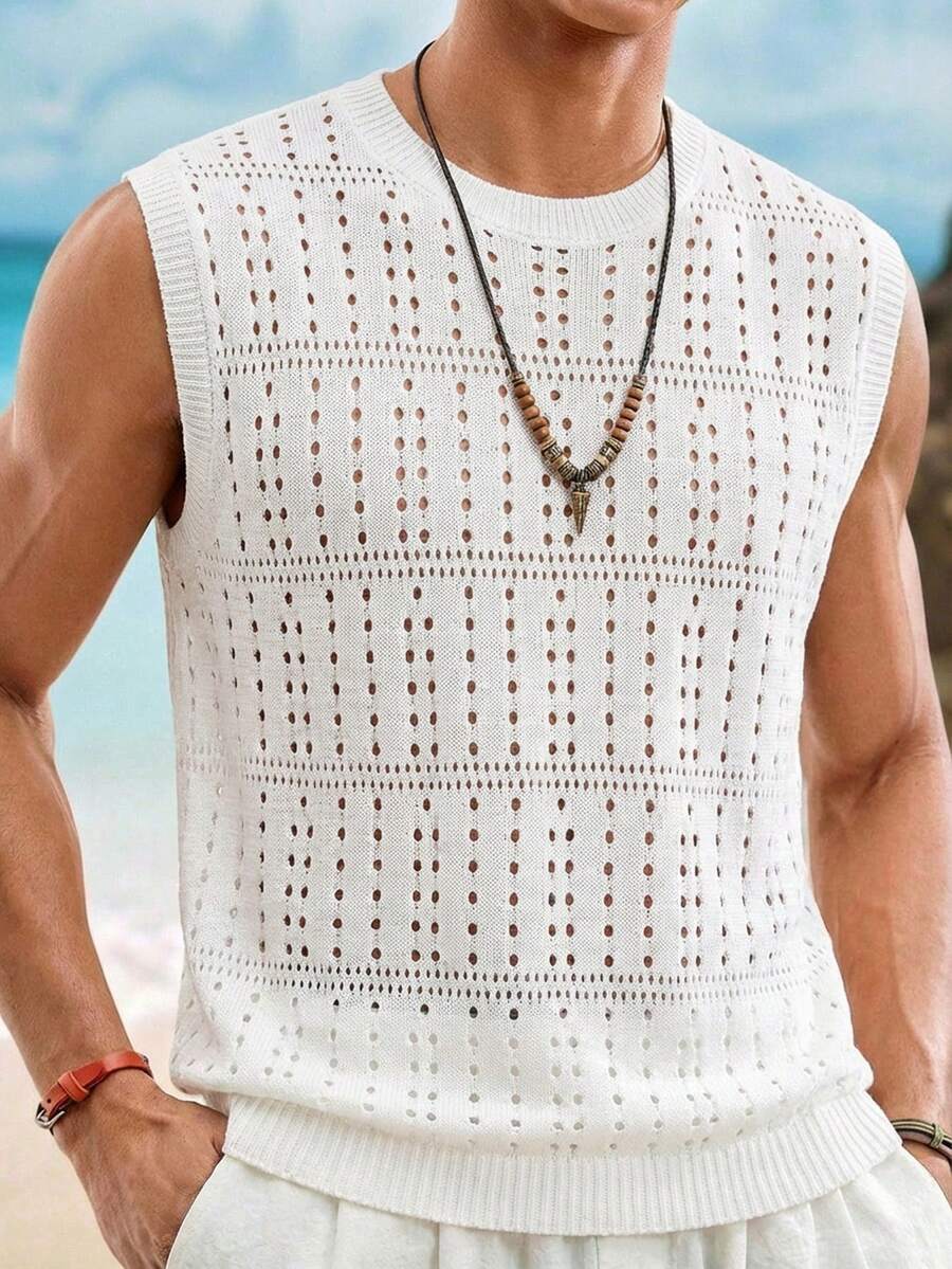 Manfinity RSRT Áo vest len dệt kim họa tiết chấm bi màu trơn, phong cách thường ngày, thích hợp cho nam giới mùa hè, đi nghỉ mát. - trắng - Xem 1