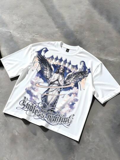 Manfinity EMRG 男士天使字母印花圆领短袖休闲T恤