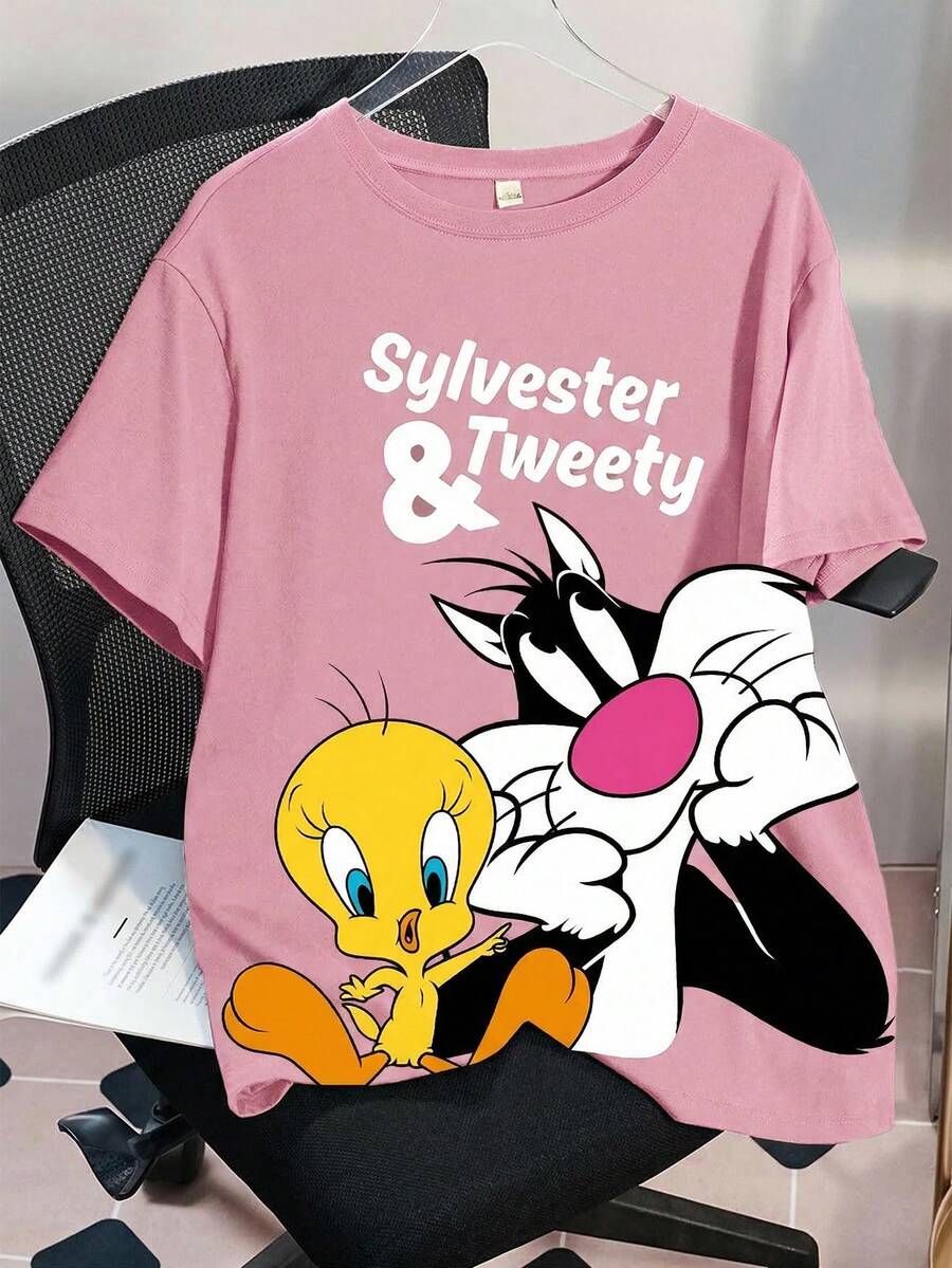 LOONEY TUNES X SHEIN 大码女式圆领短袖休闲T恤 - 粉色 - 查看 1