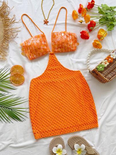 Soleia Women's Vacation Romantic Vacation Sexy Vacation Apricot Sequin V-Neck Hollow Out Halter Backless Mini Dress, Casual, Date, Afternoon Tea, Beach, Cruise, City Vacation, Music Festival, Party, Bohemian, Music Festival, Hippie, Western