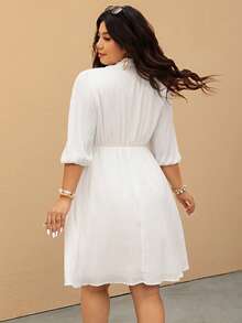 Elaquor 大码纯色V领打结休闲度假连衣裙 - 白色 - 查看 2