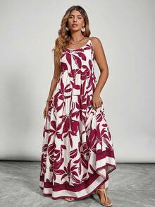 SHEIN VCAY Plus Size Women Tropical Plant Print Ruffle Hem Casual Slip Dress - Burgundy - View 4