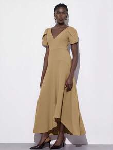 Aveloria Modichic 女士时尚V领收腰褶皱喇叭形纯色针织无袖连衣裙，优雅欧美风，适合春夏穿着 - 卡其色 - 查看 7