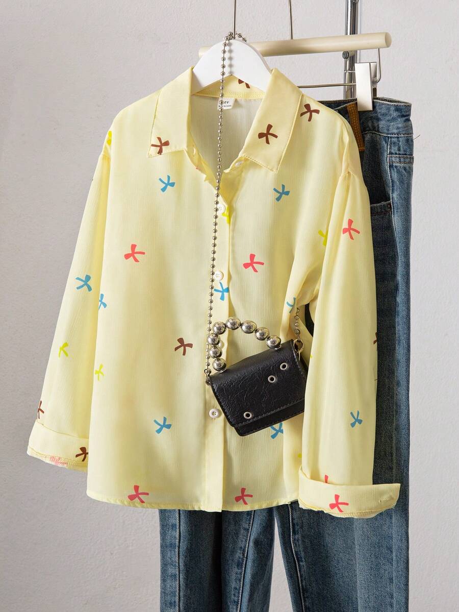 SHEIN 1件少女翻领长袖开衫,条纹衬衫,带刺绣图案,秋季休闲上衣 - 黃色 - 查看 1