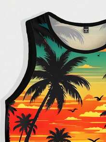 Manfinity RSRT Plus Size Men's Summer Tropical Print Trim Casual Tank Top, Holiday - Multicolor - View 4