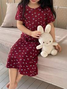 Dazy Kids Girls (Small) Round Neck Short Sleeve Nightgown Loungewear, Fall - Burgundy - View 3
