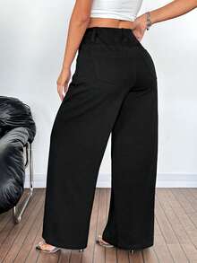 SHEIN PETITE Women's High Waist Pockets Wide Leg Loose Casual Jeans - Black - View 3