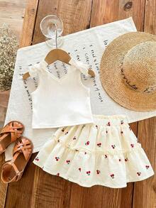 SHEIN LMoss Kids LMoss 女婴针织纯色吊带背心 + 印花雪纺迷你裙两件套 女婴罗纹上衣 女婴夏季裙装套装 女婴裙装套装 樱桃印花裙 女婴夏季服装 女婴春季服装 夏季套装 - 彩色 - 查看 6