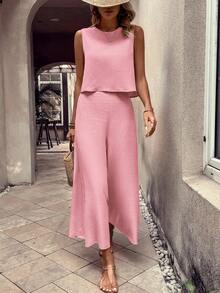 Zayélia Women's Solid Color Round Neck Top And Wide Leg Pants Casual 2 Pieces Set - Pink - View 5