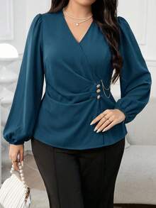 Modelyn Plus Size Women's Solid Color V-Neck Lantern Sleeve Pleated Design Elegant Blouse Gym Brown Autumn - Blue - View 10