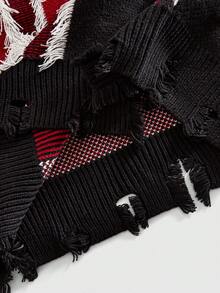 ROMWE MEN Men's Vintage Distressed Flag Print Crew Neck Knit Sweater - Black - View 6