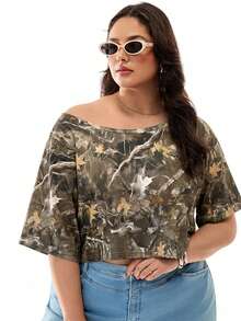 SHEIN EZwear 植物印花休闲宽松大码女式落肩T恤 - 彩色 - 查看 9