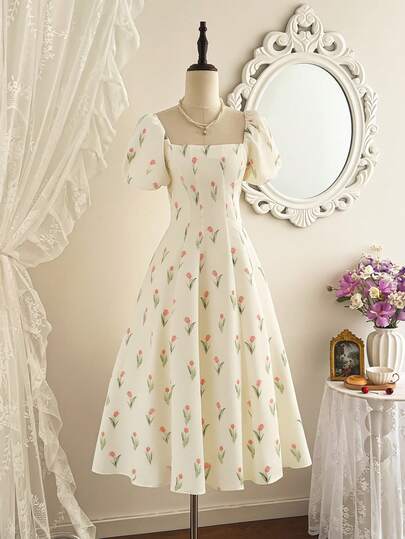 Vintamour Vestido de mujer elegante y clásico vintage, vestido de flores ajustado de primavera/verano, vestido de flores de tulipán, vestido corto de manga corta con dobladillo de paraguas color albaricoque