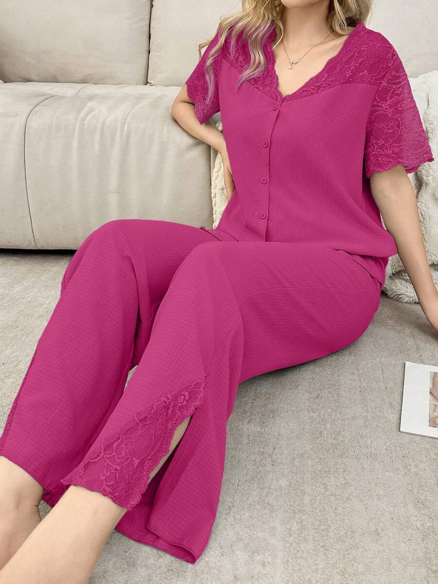 SHEIN Lace Patchwork Sheer Shoulder Cardigan Short Sleeve Pajama Set For Women - Hot Pink - View 1