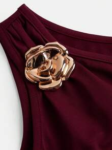 SHEIN 少女时尚优雅无袖不对称肩部上衣 - 酒紅色 - 查看 5