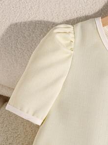 SHEIN 1件少女蝴蝶结褶皱短袖连衣裙，宽松版型，春夏款 - 黑色 - 查看 5