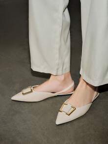 FRIFUL Metal Decor Point Toe Slingback Flats, Back Strap Camel Color Elegant Pure Metal Solid Color Women's Flat Shoes Spring Shoes - Beige - View 5