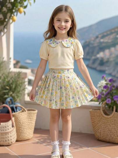 SHEIN Genkimix Kids Conjunto informal de niña con blusa de cuello con volantes y estampado floral colorido, y falda plisada de cintura elástica. Vibrante y adecuado para vacaciones de verano, uso diario, salidas y fiestas
