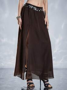 ROMWE Vacation Outfit Ocean Shell Pendant Side Slit Skirt For Women - Brown - View 4