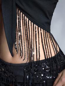 ROMWE Grunge Punk 性感亮片流苏抹胸上衣 - 黑色 - 查看 5