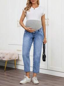 SHEIN Maternity Cuffed Light Blue Casual Fall Autumn Winter Halloween Christmas New Year Thanksgiving Versatile Jeans With Belt Loops , Y2k Cute Party Streetwear Techno Birthday Airport Mom Jeans - Blue - View 7