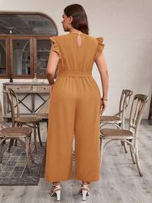 EMERY ROSE Plus Size Women Solid Color Cap Sleeve Jumpsuit - Coral Pink - View 2