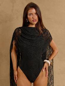 SHEIN BAE 女士优雅蕾丝荷叶边系带连体衣 - 黑色 - 查看 1