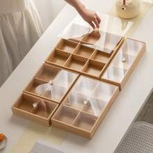 1PC Multi-Compartment Wwooden Tray With Lid, Suitable For Snacks, Treats, Cookies, Outdoor Use, Wooden Tray - Apricot - View 4