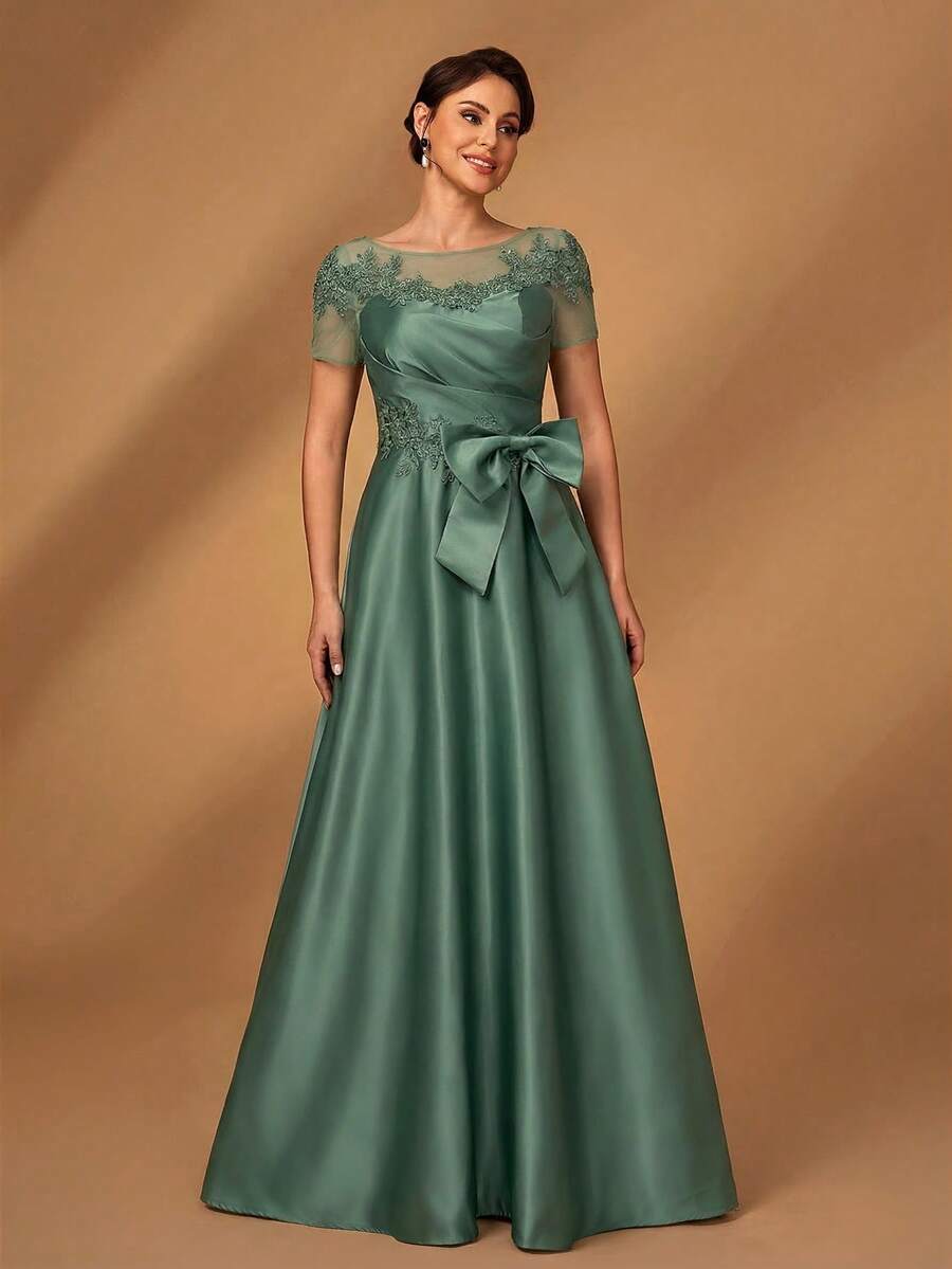 Serin 优雅奢华浪漫浅绿色网纱拼接缎面褶皱奢华串珠贴花短袖蝴蝶结A字裙摆连衣裙，适合晚宴、单身派对、约会、度假、舞会、音乐节、婚礼、新娘母亲礼服 - 綠色 - 查看 1