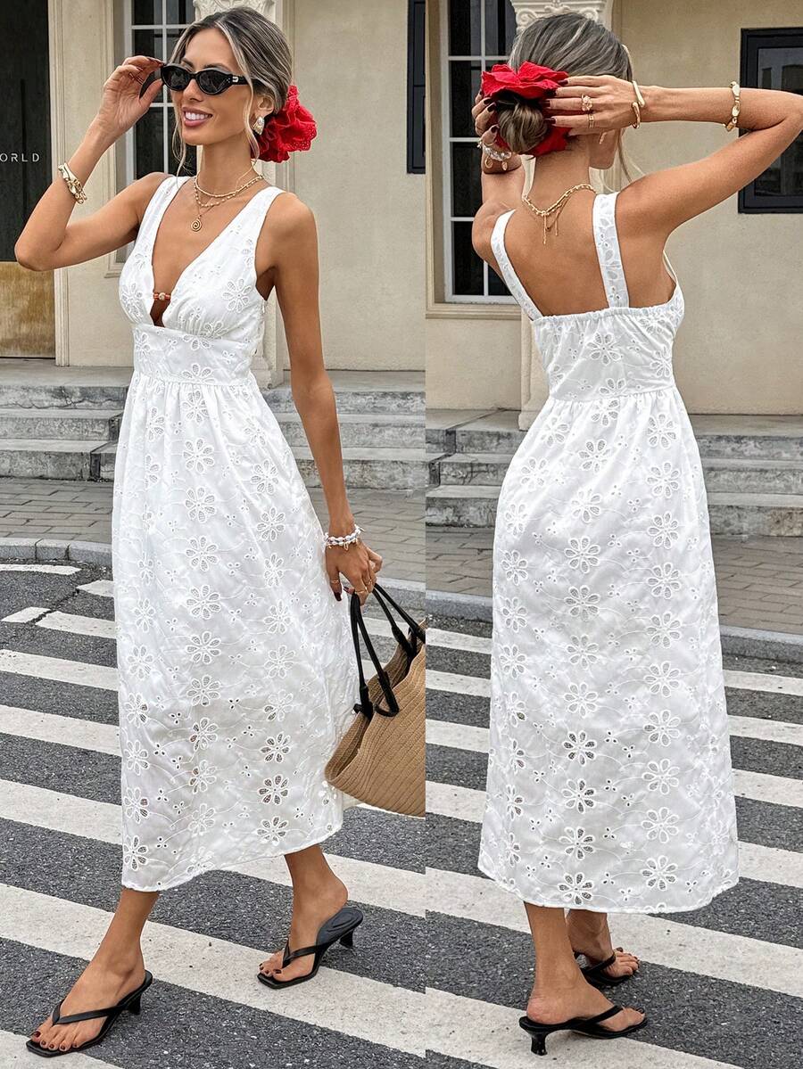 SHEIN Frenchy Women's Embroidered Elegant Waist Cinched Midi Dress, Suitable For Vacation, Dates, And Outingsn,French-Style Openwork Embroidered V-Neck White Dress,A Mid-Length Summer Dress With A Fitted Waist And Sleeveless Design, Exuding Elegance And Sophistication., Elegant White Summer Dress, Women White Dress Elegant, White Vintage Dress, Ankle Length Dress, Boho White Dress, French Style Dress, Spain Vacation Outfits, Greece Vacation Outfit,Graduation Dress,Wedding Party Dress,Wedding Guest Dresses,Bridesmaid Dress,Party Outfit,,Summer Dresses For Women,Elegant Dresses For Party,Beach Outfits, Beach Vacation Outfits For Women,Holiday Outfits For Women,Summer Outfit For Women,Summer Clothes, White Lace Dress Women, Women Vacation Dress, Elegant Summer Dress - White - View 1