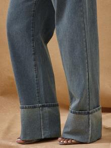 Vixey Casual High Waist Cuffed Hem Straight Leg Jeans - Medium Wash - View 5