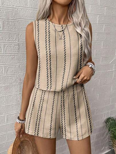 EMERY ROSE 2pcs Women's Loose Casual Striped Round Neck Vest And Shorts Set, Summer,Ladies Casual Button Regular Fit Apricot Shorts Women Two-Piece Outfits,Spring/Summer,Casual Daily Wear