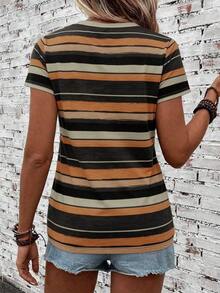 EMERY ROSE Camiseta de manga corta de rayas de color block casual, verano - Multicolor - Ver 2